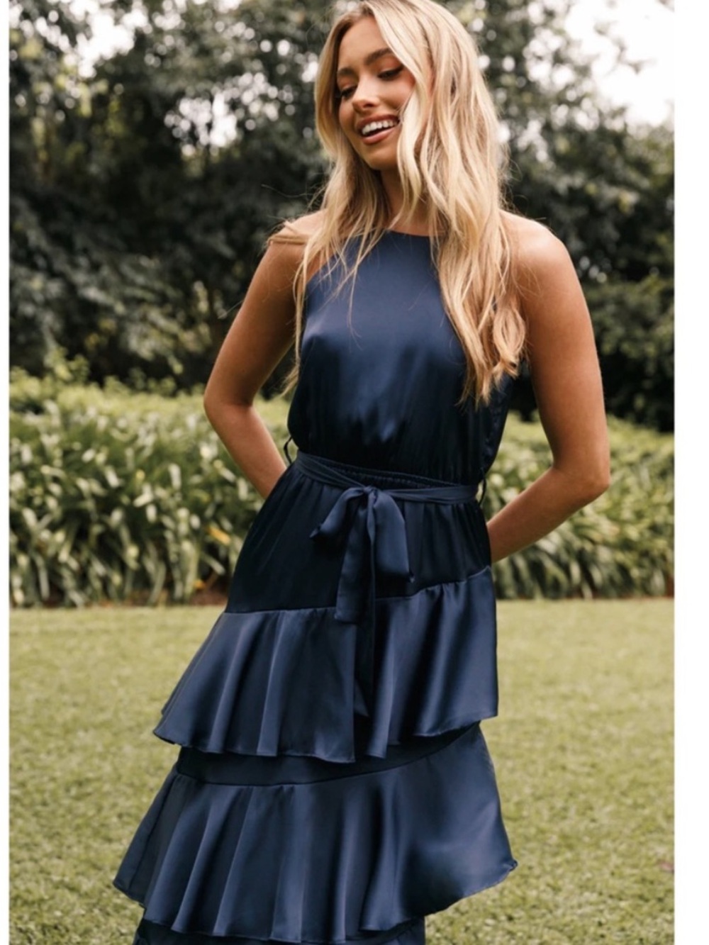 New Petal and Pup Saychelle Tiered Satin Midi Dress Size 12